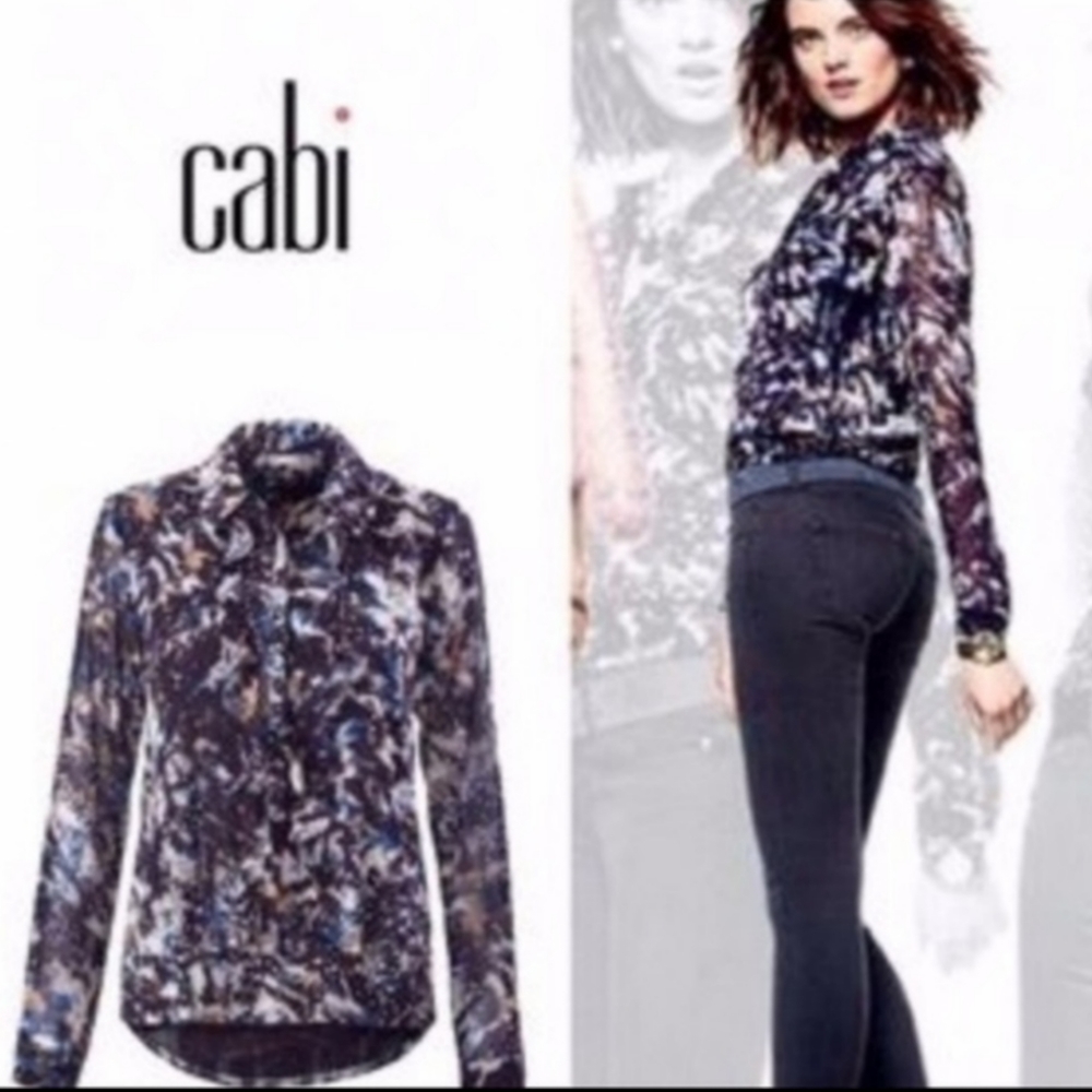 CABI 3066 Starry Night Small Longsleeve Ruffle Chiffon Blouse Top